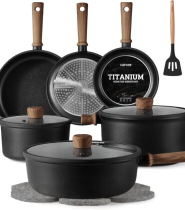 CAROTE Nonstick Pots and Pans, Induction Titanium Cookware Set 16pcs Kitchen Cooking Sets, Pot and Pan Non Stick w/Frying pan (PFOS, PFOA Free)