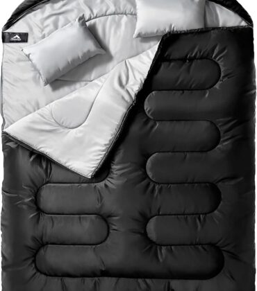 MEREZA Double Sleeping Bag for Adults Mens with Pillow, XL Queen Size Two Person Sleeping Bag for All Season Camping Hiking Backpacking 2 Person Sleeping Bags for Cold Weather & Warm